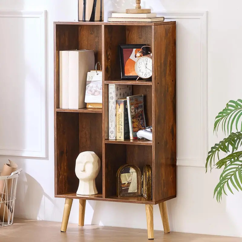 LEYAOYAO Natural Wood 7-Cube Bookshelf  Modern Open-Back Storage Unit with Solid Legs