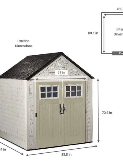 Rubbermaid 7 ft x 7 ft Outdoor Storage Shed  Weather-Resistant Resin Garden Shed with Windows and Utility Hooks (Sand)