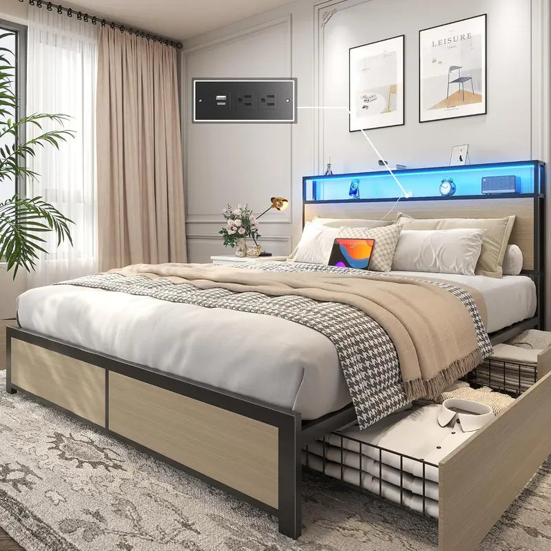Lifezone Queen Platform Bed  2-Tier Storage Headboard with Charging Station, LED Lights & Quiet Metal Support