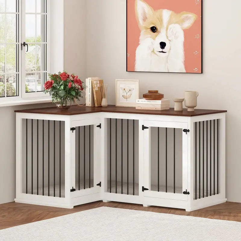 Large L-Shaped Corner Dog Crate Furniture  Dual-Dog Enclosure with Hidden Storage Design (58.7″ x 41.1″)