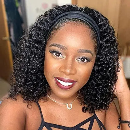 Aiterina 12″ Deep Wave Curly Human Hair Headband Wig  Glueless, Machine-Made, Natural Color