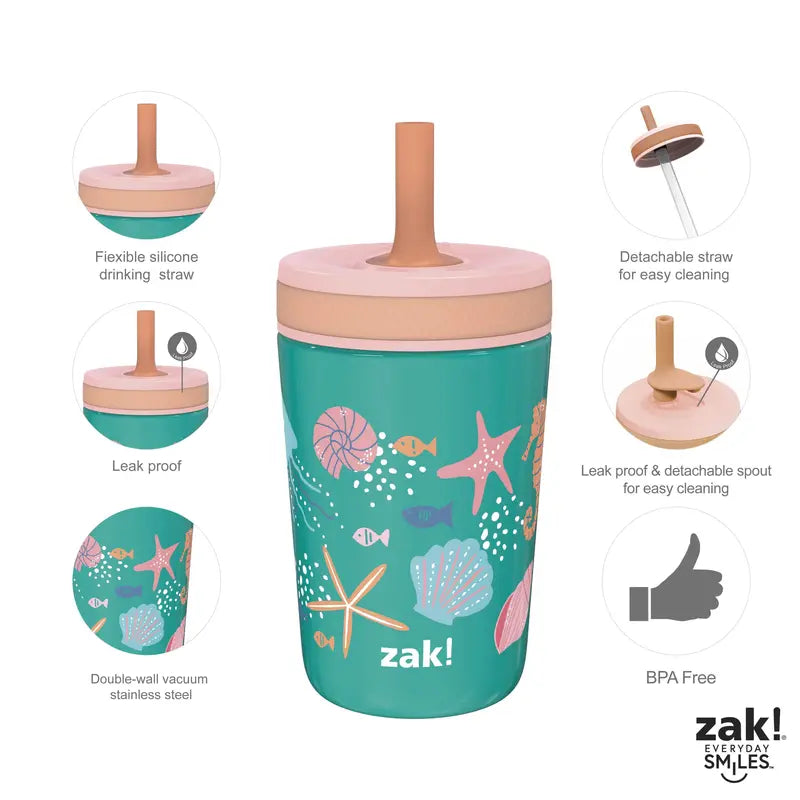 Zak Designs 3pc Kelso Straw Tumbler Set, 12oz Stainless Steel and 15oz Plastic, 2 Cups and 1 Bonus Straw, Leakproof and Perfect for Kids, Seashells