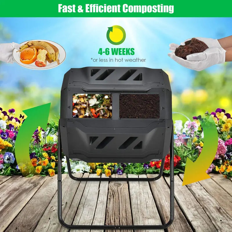 Dual-Bin 43-Gallon Rotating Compost Tumbler with Dual Sliding Access Doors