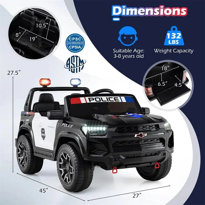 24V Licensed Chevrolet Police Ride-On Car for Kids  2-Seater Electric Vehicle with Remote, Siren, Megaphone & LED Lights