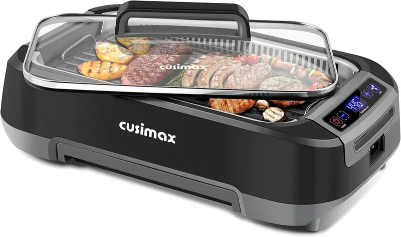 CUSIMAX 1500W Korean BBQ Grill: LED Smart Display, Tempered Glass Lid, Non-Stick Removable Grill Plate, and Efficient Smoke Extraction System