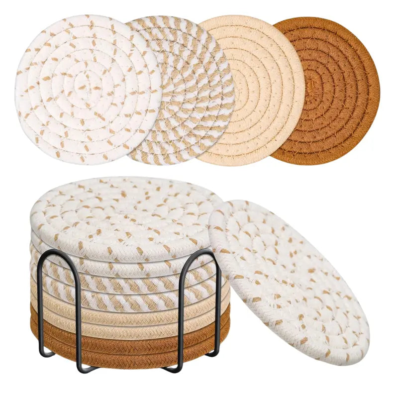 Set of 8 Absorbent Cotton Drink Coasters in 4 Colors + Storage Holder