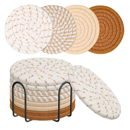 Set of 8 Absorbent Cotton Drink Coasters in 4 Colors + Storage Holder