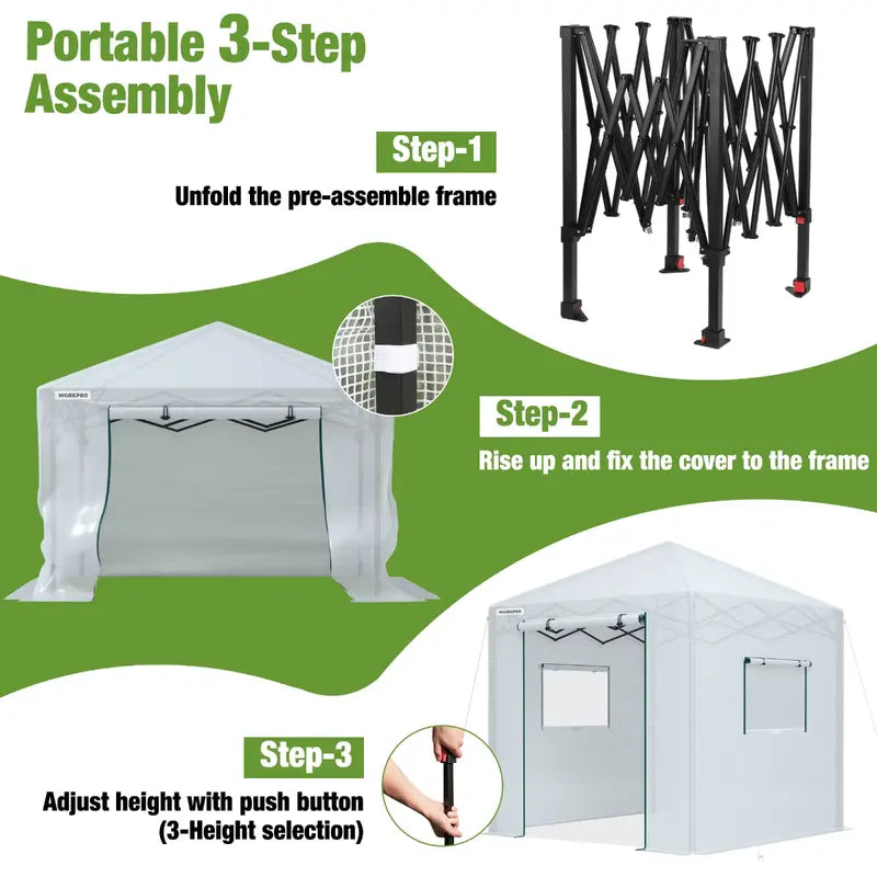 WORKPRO 8′ × 8′ Walk-In Portable Greenhouse  UV-Protected Polycarbonate Frame