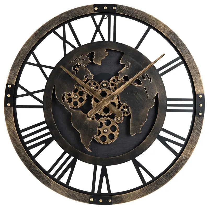 27-Inch Gear-Driven World Map Wall Clock  Silent, Decorative Metal Design with Rotating Gears