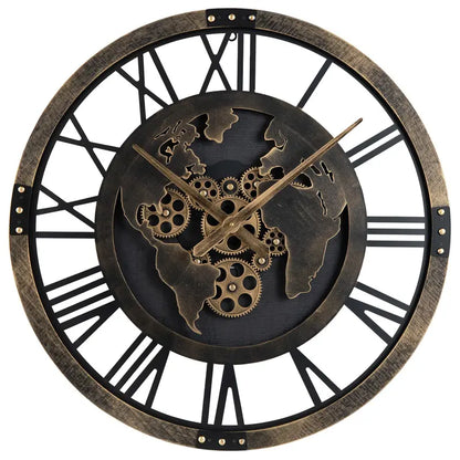 27-Inch Gear-Driven World Map Wall Clock  Silent, Decorative Metal Design with Rotating Gears