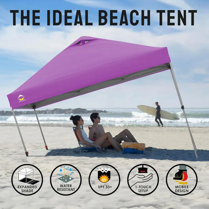 10×10 One-Touch Pop-Up Awning  Beach Sunshade Tent with Silver-Coated Canopy, 3 Height Adjustments & 4 Sand Pockets