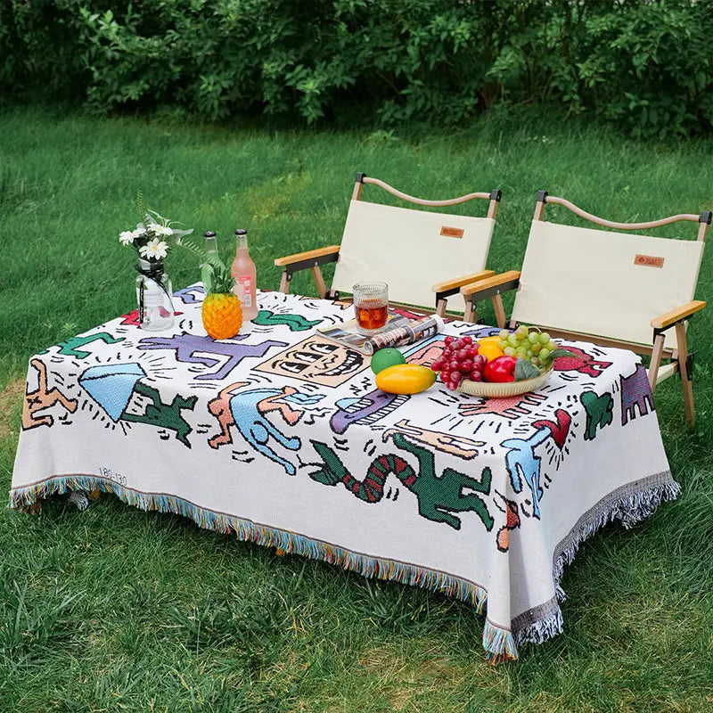 American Cartoon-Print Linen Picnic Blanket  Lightweight Outdoor Camping Mat