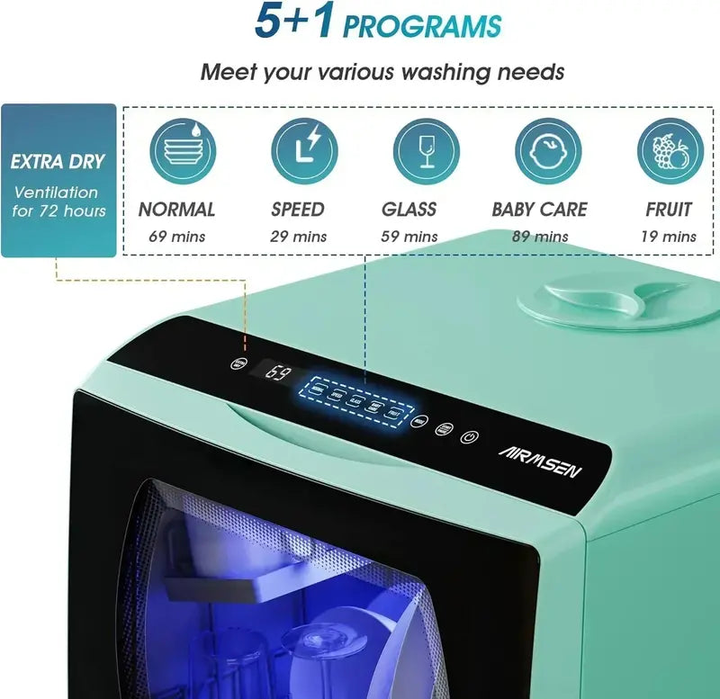 AIRMSEN Mini Tabletop Dishwasher with 5 Wash Programs and Space-Saving Footprint