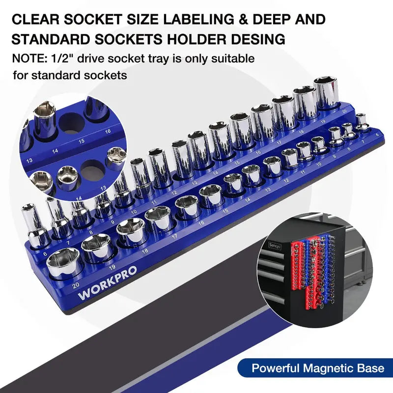 WORKPRO Compact Magnetic Socket Tray Set  4-Piece Organizer for 1/4″ and 3/8″ Drives, Supports 108 Standard Socket Sizes