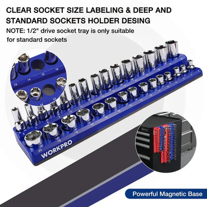 WORKPRO Compact Magnetic Socket Tray Set  4-Piece Organizer for 1/4″ and 3/8″ Drives, Supports 108 Standard Socket Sizes