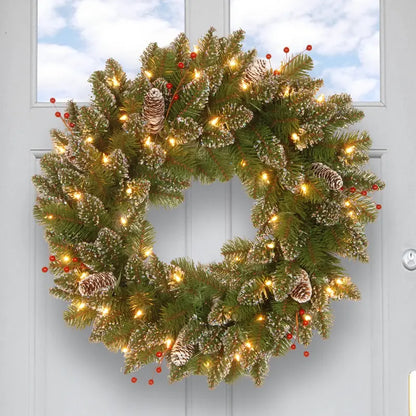 24″ National Tree Glittery Spruce Wreath with LED Lights, Pine Cones & Red Berries