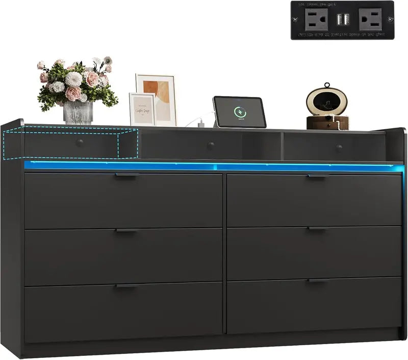 9-Drawer LED TV Dresser  58.35-Inch Wood Dresser with Power Outlets, Open Shelving & Bedroom Storage