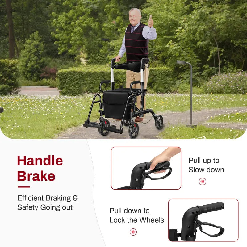Dual-Function Folding Rollator Walker and Transport Wheelchair for Seniors