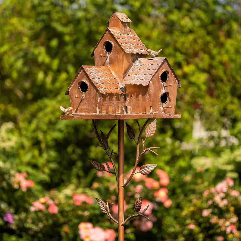 Decorative Birdhouse Garden Stakes  Rustic Lawn & Yard Accent Set