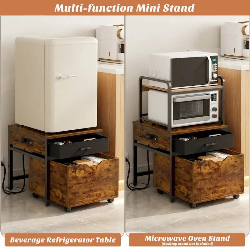 Compact Fridge Stand with Built-in Charging Station, Storage Drawers, and Mobile Cabinet Design