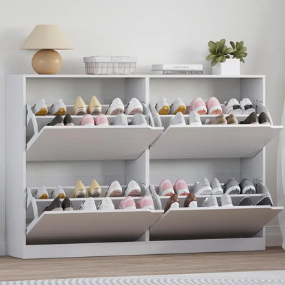 Discreet Freestanding Wood Shoe Cabinet with Three Concealed Flip Drawers