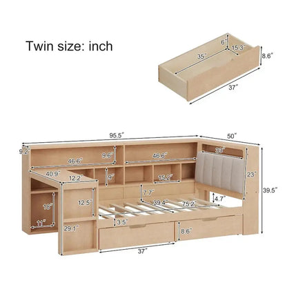 L-Shaped Upholstered Sofa Daybed with Built-in Desk, Bookcase, LED Headboard, and Under-Bed Storage