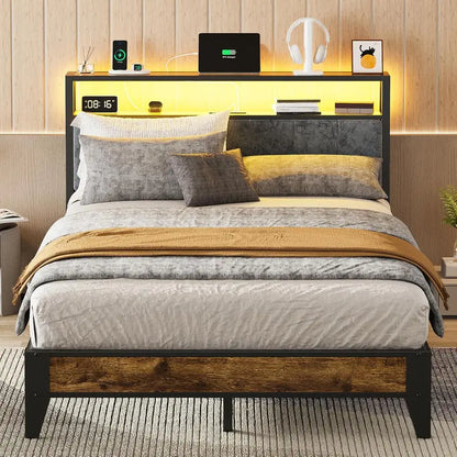 OLEVS Single Metal Platform Bed  LED-Lit Headboard with USB-C Charging Ports and Underbed Storage