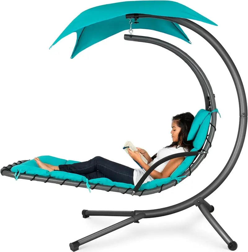 Best Choice Products Curved Hanging Steel Chaise Lounge Swing  Charcoal Gray with Pillow & Canopy