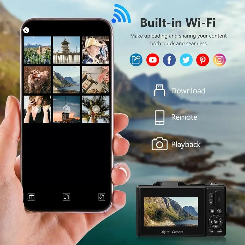 4K Vlogging Camera  64MP Digital Point-and-Shoot with 180° Flip Screen, 18x Zoom & 32GB SD Card