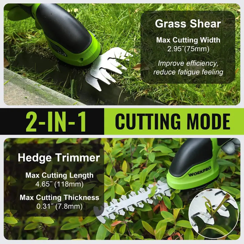 WORKPRO 3.6V Cordless 2-in-1 Hedge & Grass Trimmer  Lightweight Handheld Design