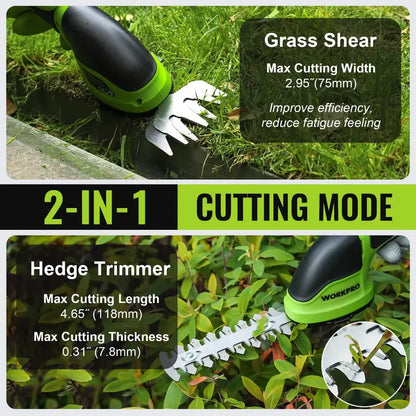 WORKPRO 3.6V Cordless 2-in-1 Hedge & Grass Trimmer  Lightweight Handheld Design