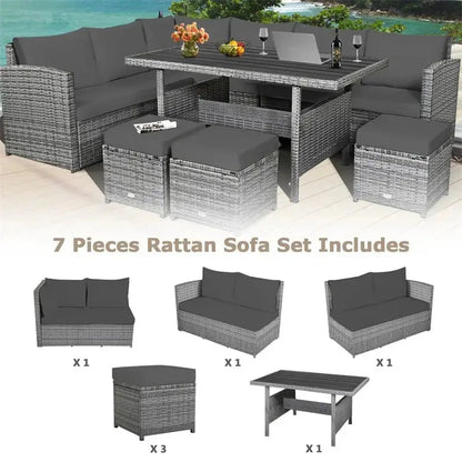 7-Piece Rattan Patio Dining Set  Sectional Sofa, Table, Ottomans & Cushions