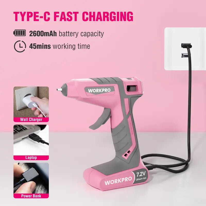 WORKPRO Cordless Hot Glue Gun Kit  7.2V Dual-Temp, 30-Second Heat-Up, 2600mAh Battery, 50 Sticks & Storage Bag