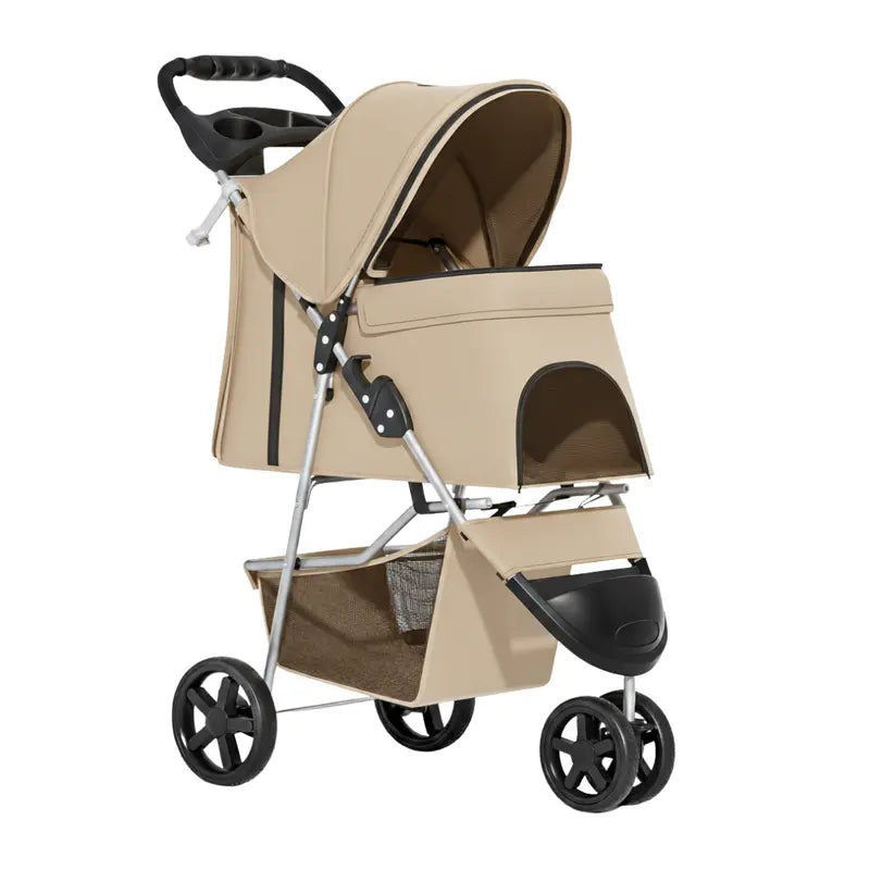 All-Weather Foldable Pet Stroller with Canopy, Cup Holders, and Undercarriage Basket
