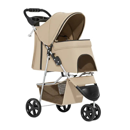 All-Weather Foldable Pet Stroller with Canopy, Cup Holders, and Undercarriage Basket