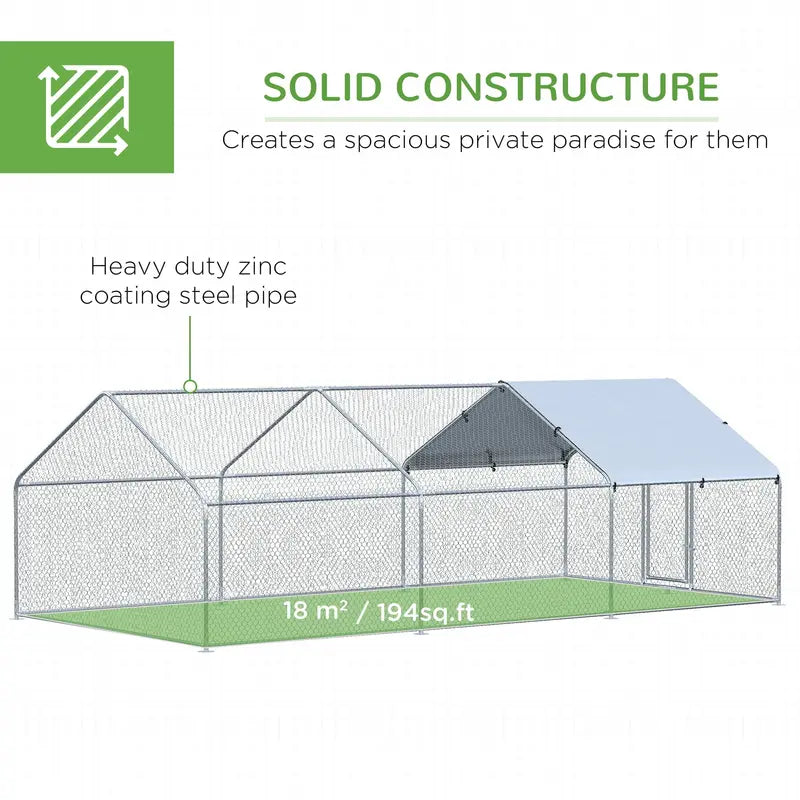 PawHut Galvanized Large Metal Chicken Coop Cage, 3 Room Walk-in Enclosure, Poultry Hen House with UV and Water Resistant Cover for Outdoor Backyard, 10′ x 19.7′ x 6.4′