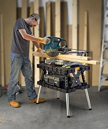 Keter Folding Miter Saw Workbench  Includes 12-Inch Clamps, Easy Storage, Black/Yellow Finish