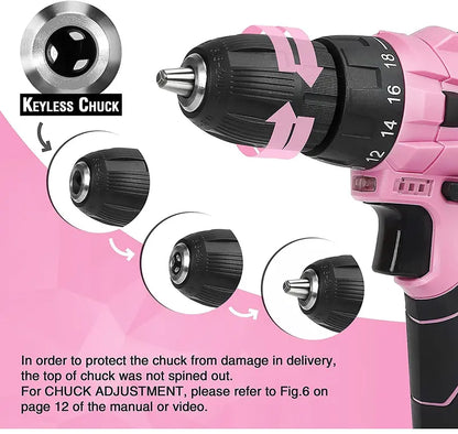 WORKPRO 12V Cordless Drill Kit for Women  Pink Ribbon Design