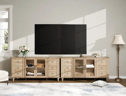 Oak-Finished Sideboard with Glass-Front Doors — Wooden Coffee Bar Cabinet for Dining or Living Room Storage