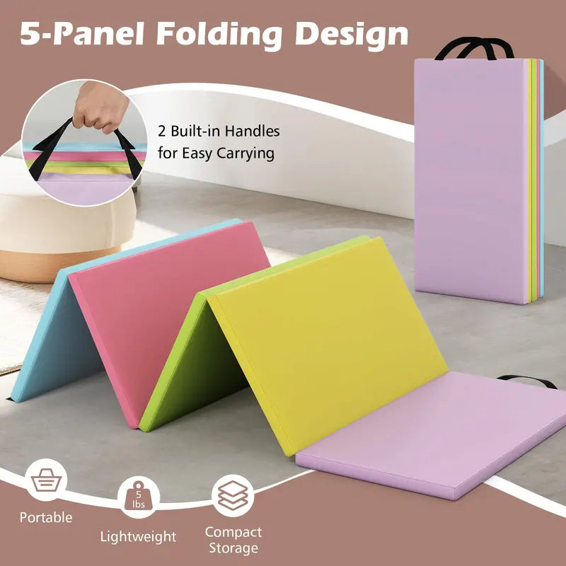 6.6′ x 2.5′ Folding Gymnastics Mat — Five-Panel Tumbling Pad with Carrying Handles