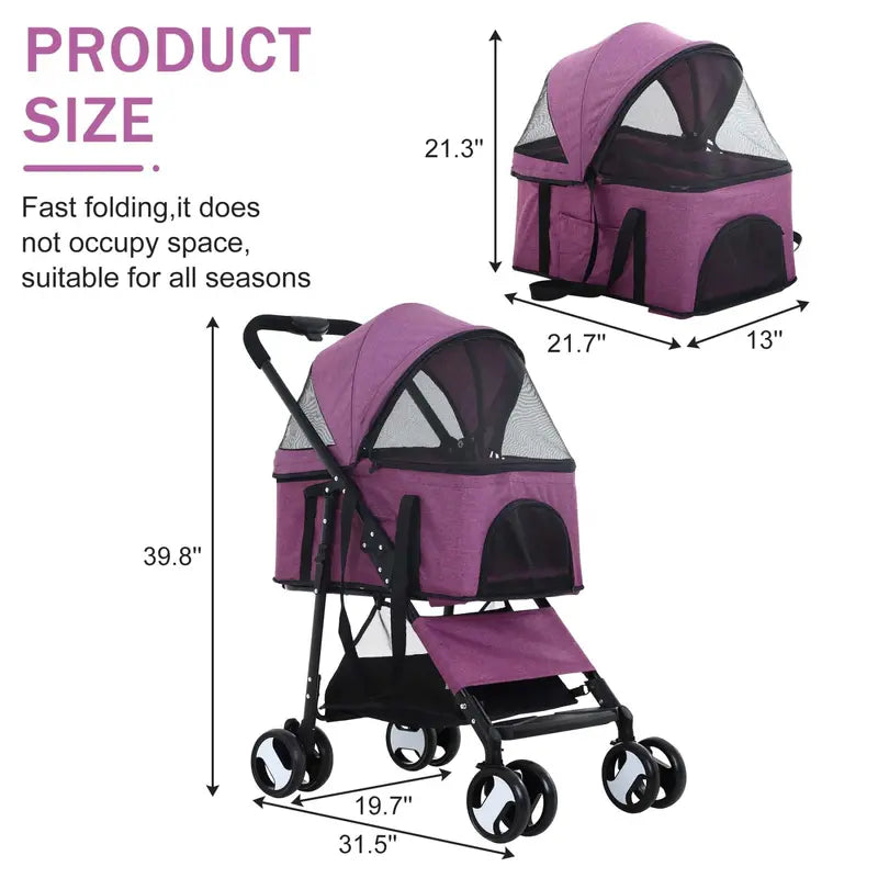 Pet Gear 3-in-1 Folding Pet Stroller with Detachable Carrier, Purple, 44lb Capacity