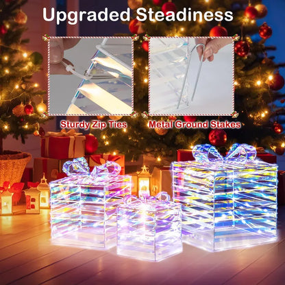 Three-Piece Lighted Gift Box Set — 90 LED-Illuminated Presents with Bows, Zip Ties & Ground Stakes