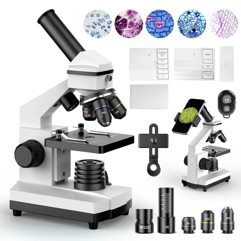 High-Power Biological Microscope (100X2000X) for Students & Home Labs  Includes Slide Set & Smartphone Adapter (White)