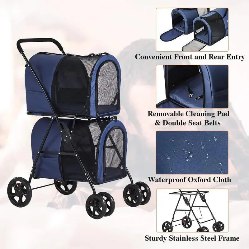 42-Inch Double Pet Stroller  Foldable, All-Terrain Dog & Cat Stroller with Suspension (Navy Blue)