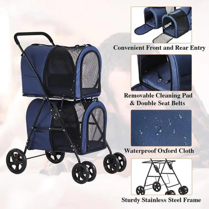 42-Inch Double Pet Stroller  Foldable, All-Terrain Dog & Cat Stroller with Suspension (Navy Blue)