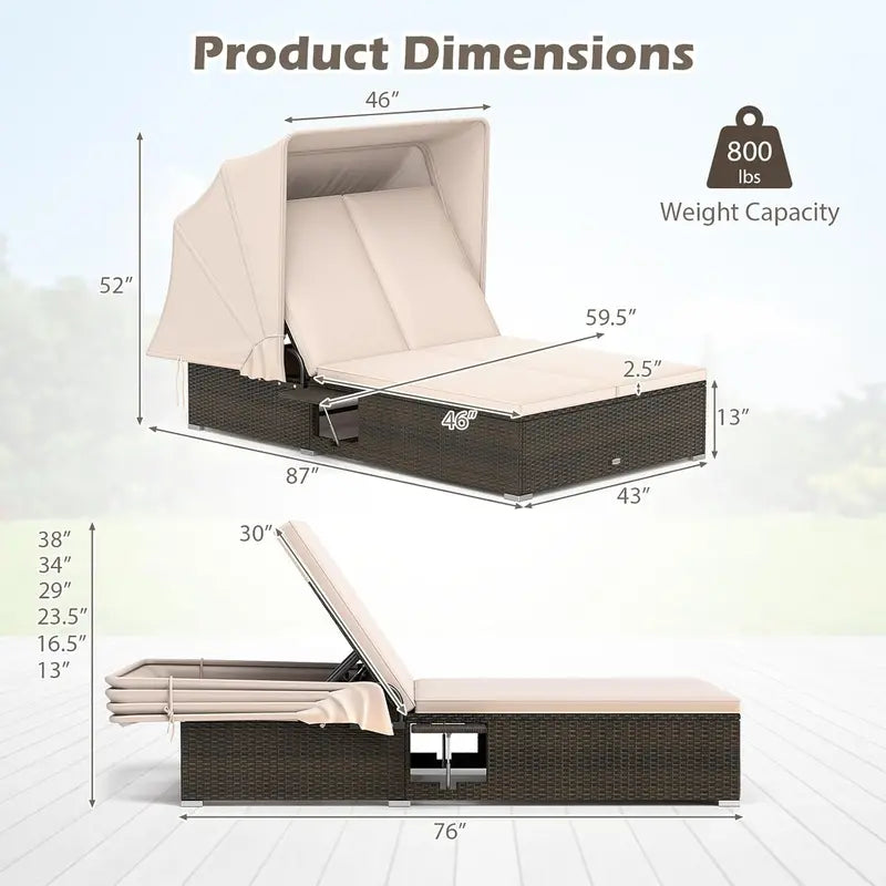 RELAX4LIFE Outdoor Wicker Daybed  Retractable Canopy Chaise Lounge with 6-Position Backrest