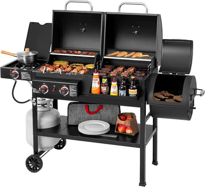 Dual-Fuel 2-Burner Gas & Charcoal Grill Combo with Offset Smoker and Side Burner  34,000 BTU