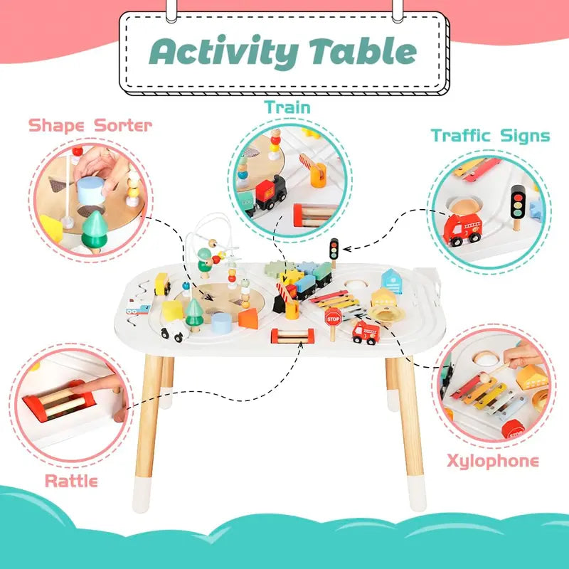 Wooden Toddler Activity Cube & Table by Cubes for Kids  Montessori Toy with Bead Maze, Mini Car, Gears & Blocks for 1 Year Olds