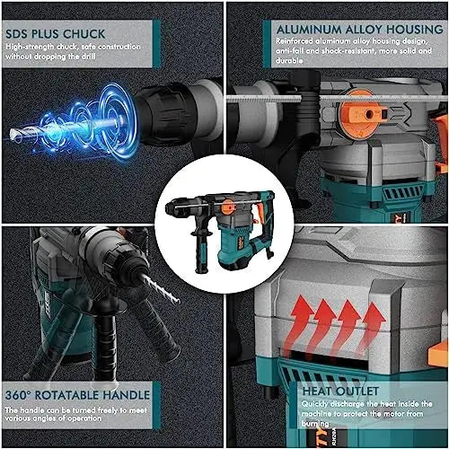 GLORY Heavy-Duty Rotary Hammer Drill  Aluminum Housing with 5-Piece Bit Set