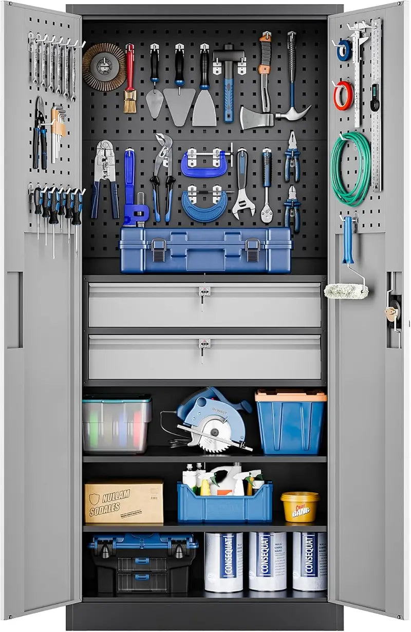 Yizosh Heavy-Duty Locking Garage Storage Cabinet  71-Inch Steel Tool Cabinet with Pegboard and Dual Drawers